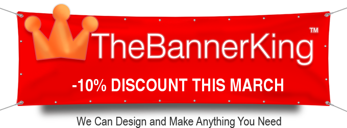 Large red banner sign picture with crown logo and monthly discount