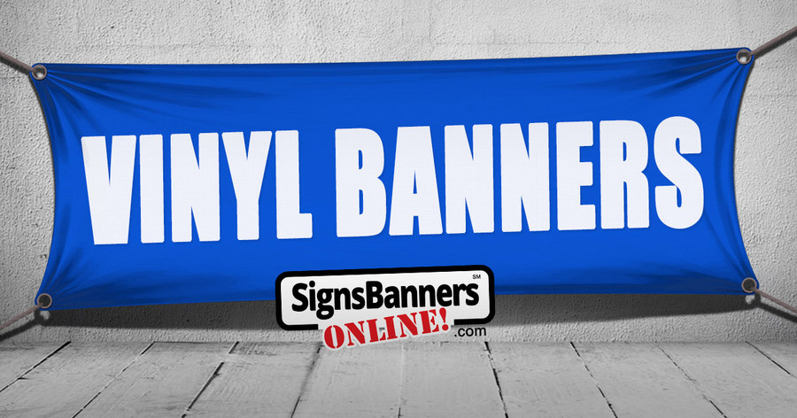 A blue vinyl pvc banner sign on the white wall