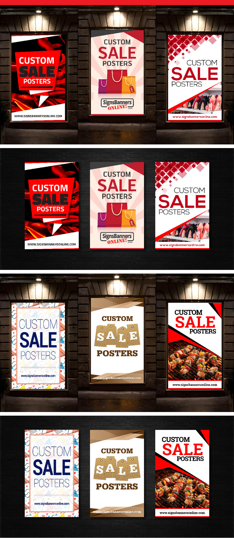 Set of graphic Custom Posters for Window Display with different themes and color choices