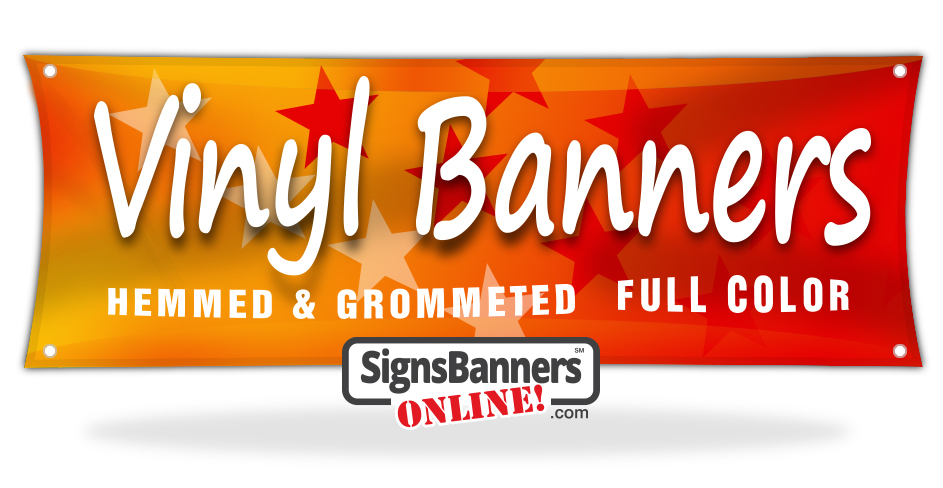 Vinyl Banners Full Color Hemmed and Grommetted, red back.