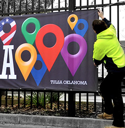 Outside, the banner sign is custom made with unique design.