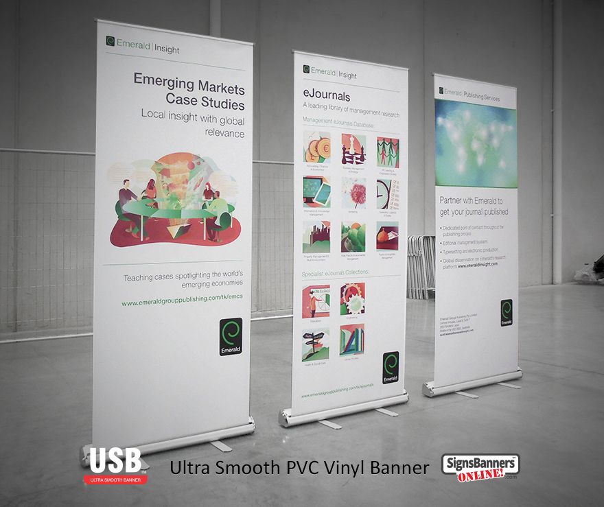 The print quality is amazing on these professional quality cheap banner stands using Ultra Smooth USB banner sign vinyl PVC materials. The advantage is zero curl, excellent print outcomes and top color output.