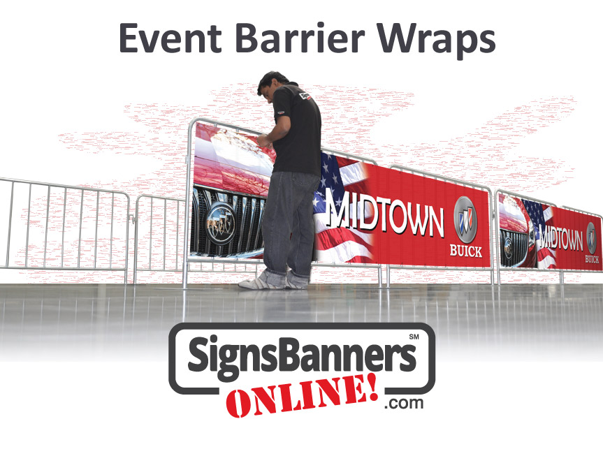 Signs Banners Online make expert barrier wraps custom made for your event or barrier hire size. This image depicts installation of a printed crowd barrier sign for the sponsor.