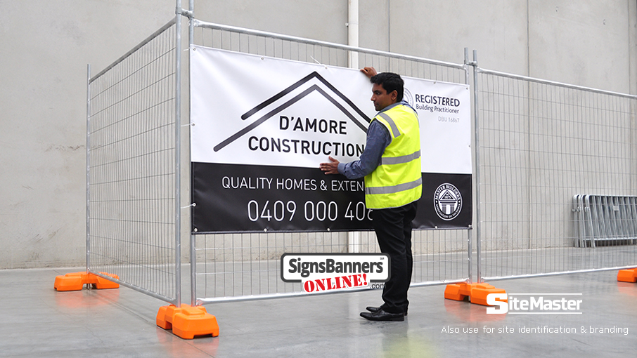 Site and construction companies, large and small use Sitemaster vinyl pvc banner signs for their temp fence hire identification. This banner sign on the fence shows a smaller option for people to choose.