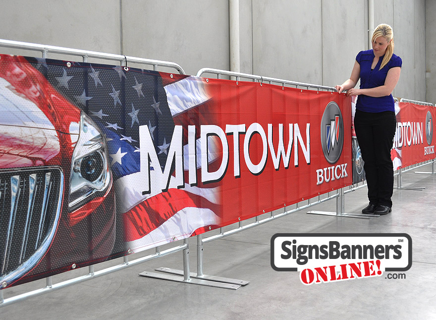 Banner signs ready for the promotional event tied to the short term barriers as used for public attendance, sport event and trade show crowds.