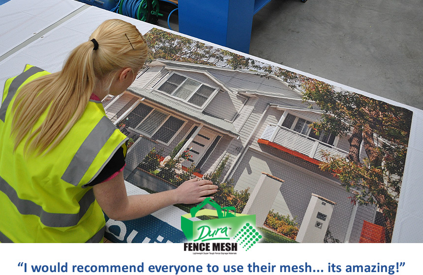 Applying creative designs and prints onto your banner signage mesh for outdoor is producing amazing sign results as shown by this crisply printed banner sign for advertising new homes and real estate.