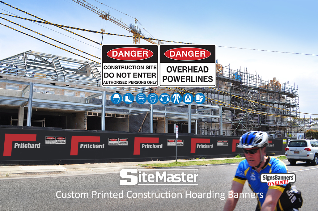 Custom printed plywood hoarding banners fitted to the construction site with custom safe working logos, danger overhead wires powerlines and blue safety insignia logos