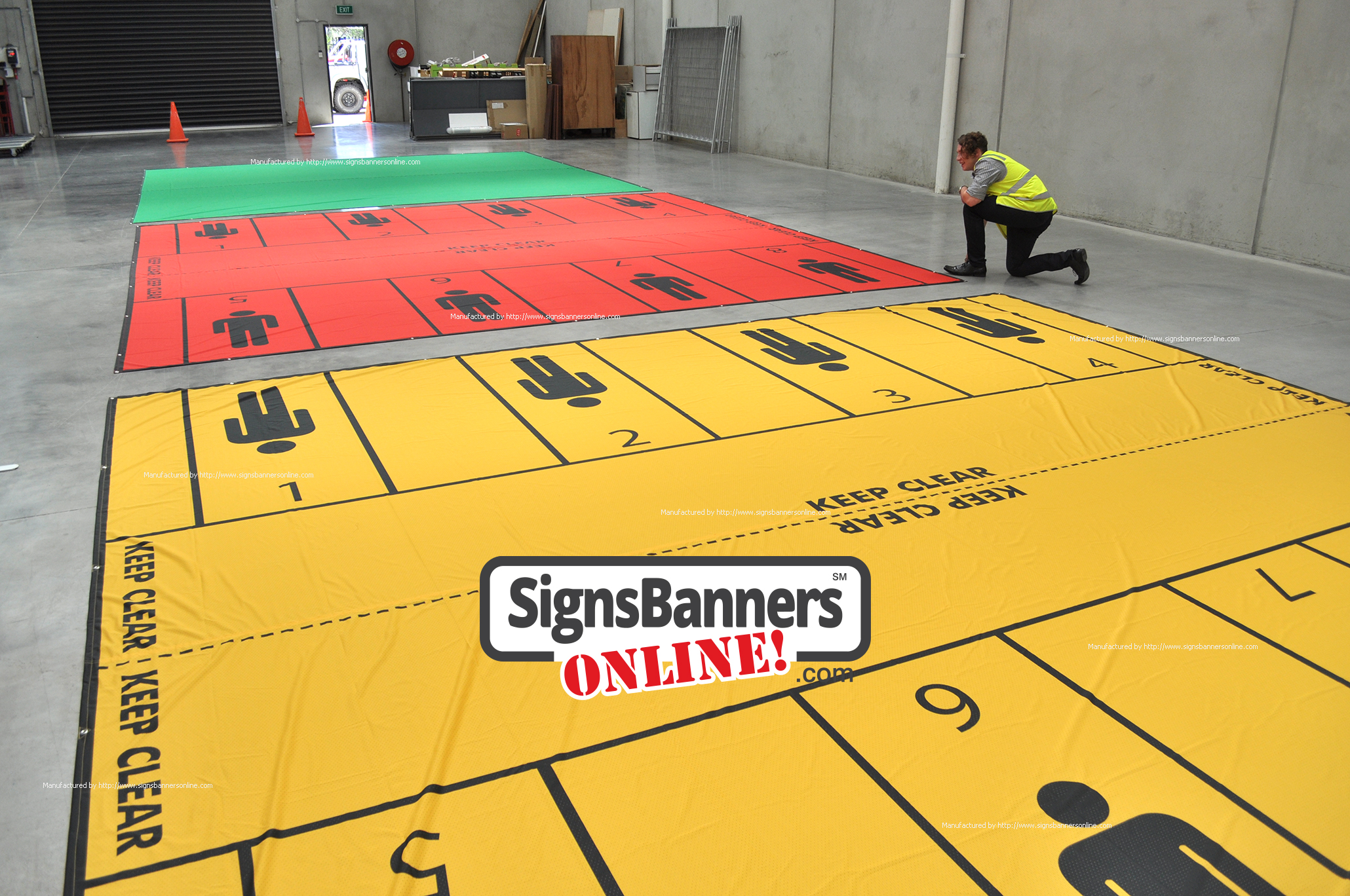 Emergency Training - MEDIC USA. Shows the PERSON symbol silhoutte laid out on the floor for positioning of medical teams with sufficient space to move and operate. Ideal for triage training and sitations of emergency. These banners signs are manufactured by Signs Banners Online dot com