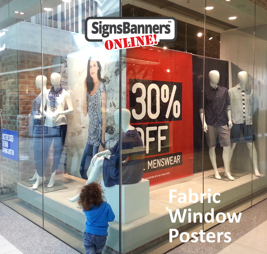 Mall and store posters for large hanging displays inside shopping window displays