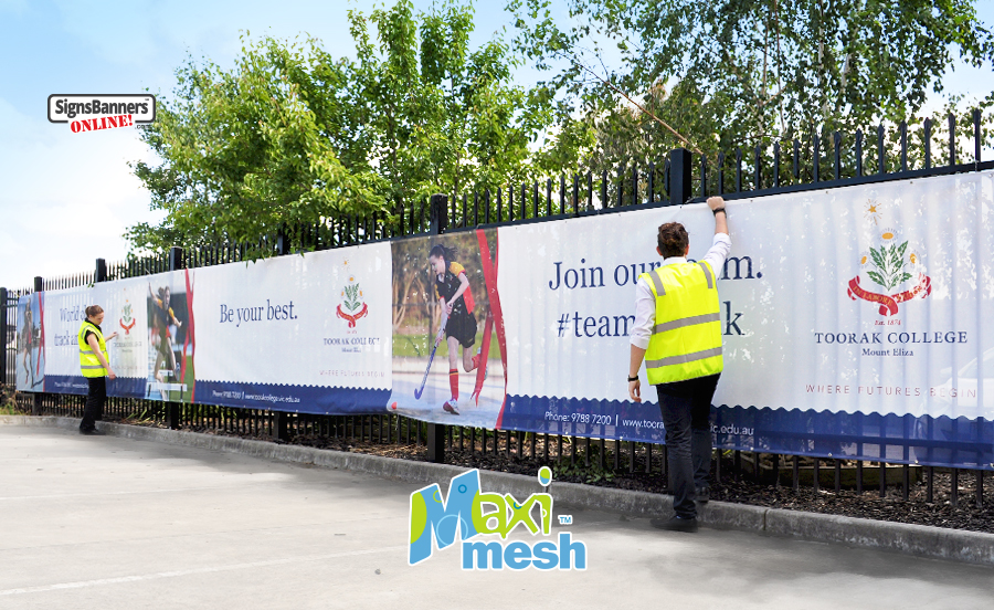 Stunning results are achieve by Signs Banners Online mesh banner printing division using quality products, long life inks and high resolution print outcomes onto Maxi-Mesh printing materials. This sign tied up on a fence is used for outdoor promotional branding.