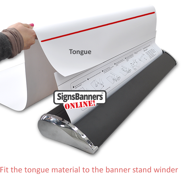 Fitting the tongue material to the banner stand winder