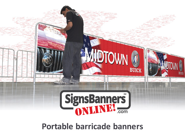 Portable barricade as used for events and festivals to block off pedestrian walk with the event sponsor brand on the printed banner sign attached to the barricade by a person.