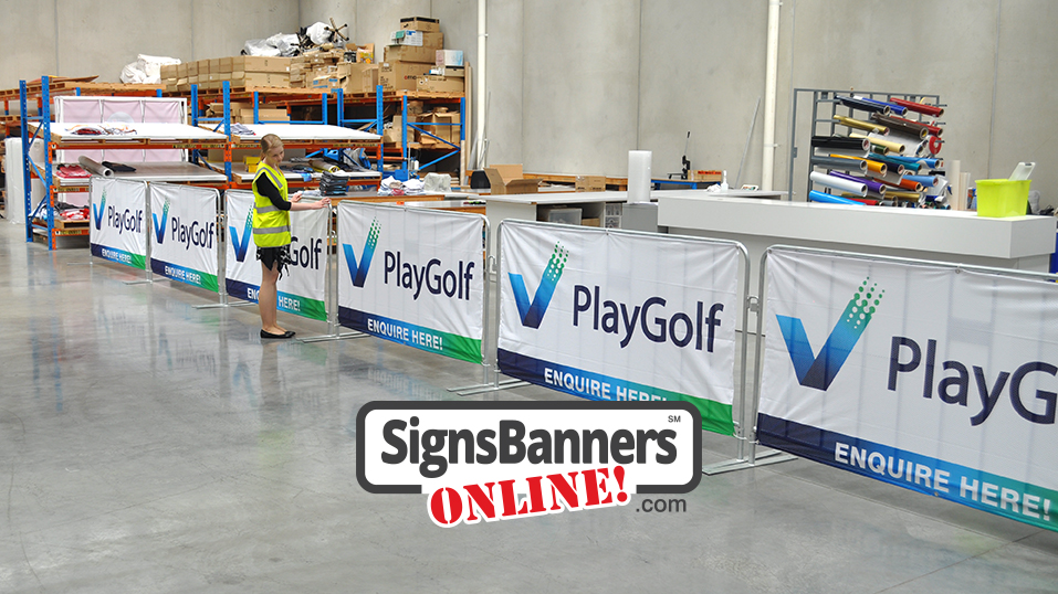 Portable fences with banner signage tied on