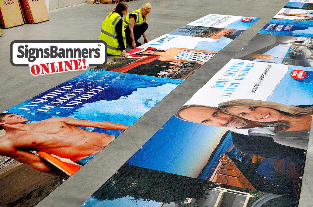 These banners including photos are used outdoors for proposed buildings and advertising new developments California address delivery