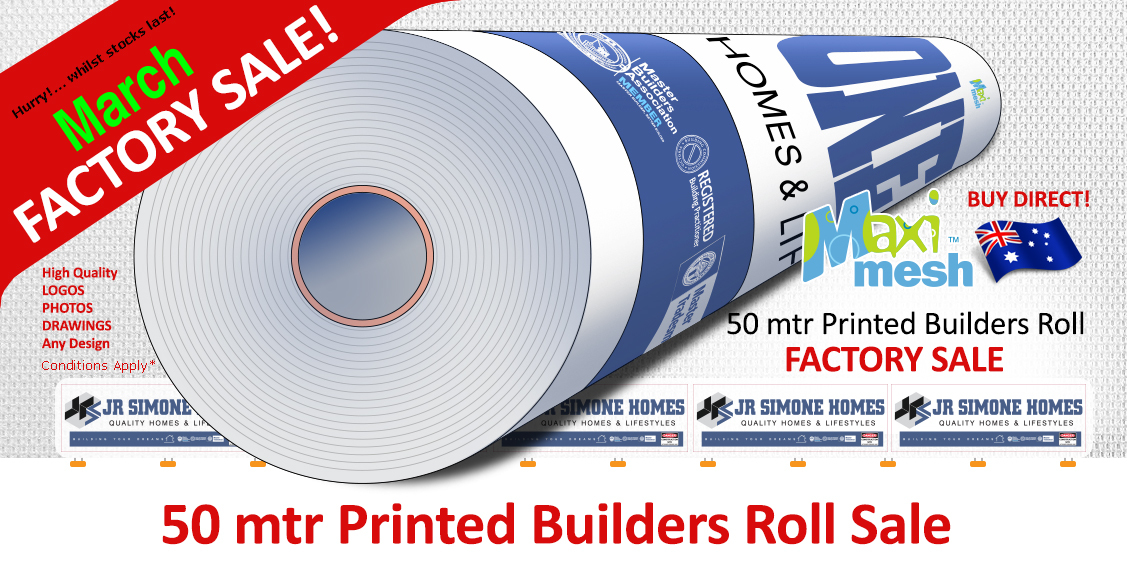 50 mtr printed builders rolls with company logos, titles, perspective drawings and fence site mesh printing on PVC shade cloth