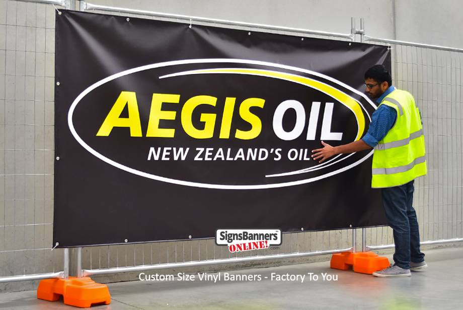 Aegis New Zealand's Oil printed custom vinyl banner black background with elipse insignia.
