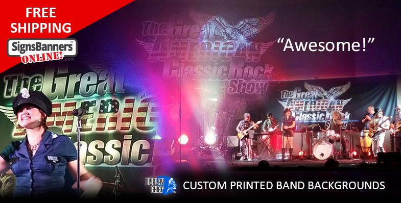 American Rock Show background custom printed band banner used at gigs around the venues as they travel. Soft signage fabric printing onto non glare material printed banner sign.