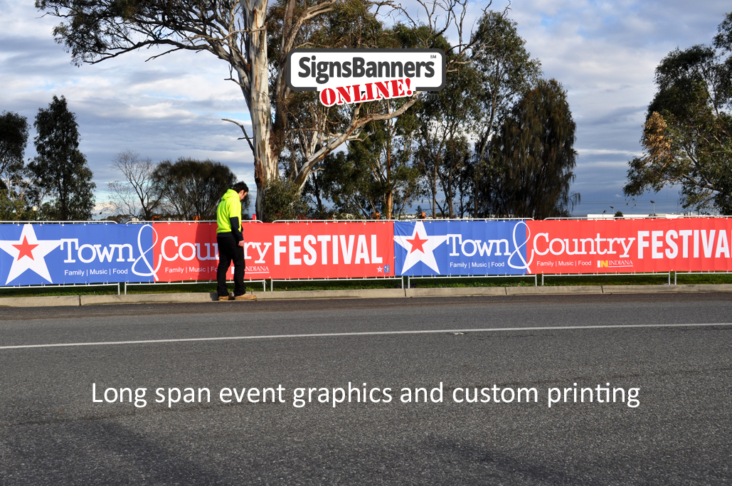 A quick inspection of the erected banner signs on the crowd barrier fences printed by Signs Banners Online dot com