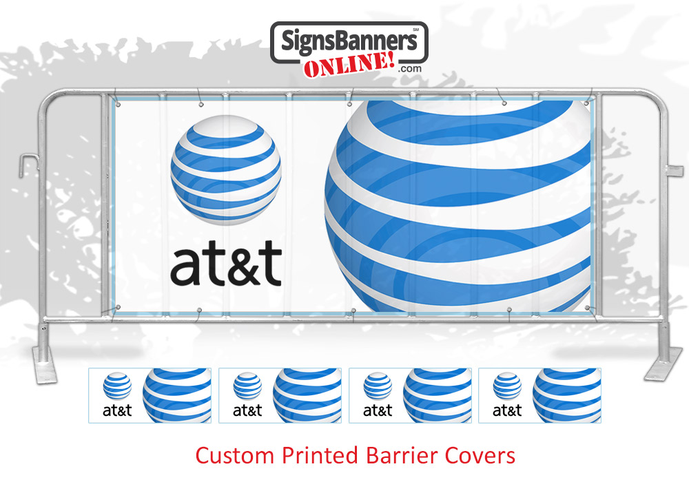 Custom barricade wraps design for corporate banner sign. Shows the fitted single barricade along with multi set barricades as used at special events for crowd control, sectioning and management. The banner wrap is custom size.