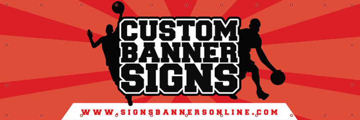 Custom Banner Signs. Red themed striped flashing vector banner with sporting.
