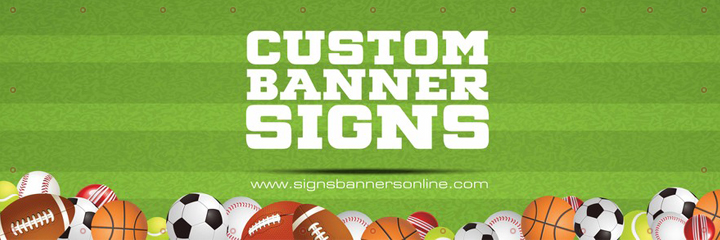 Custom Banner Signs. Grass fields with many various playing balls and nice mowing effect on the playing fiels themed custom banner for sporting.