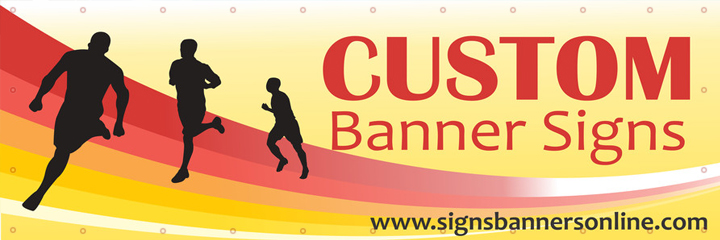Custom Banner Signs. This creative concept shows the brightness of yellow in the custom banner sign compared to the rich black print and big red letter font used on a banner sign