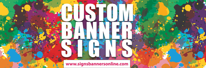 Custom Banner Signs. Widly creative and super colorful, this banner sign with paint can explosion will stand apart from other stores. Nice use of color.