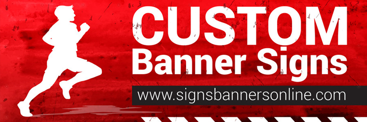 Custom Banner Signs. the back is vibrant overlay red with contrasting white.