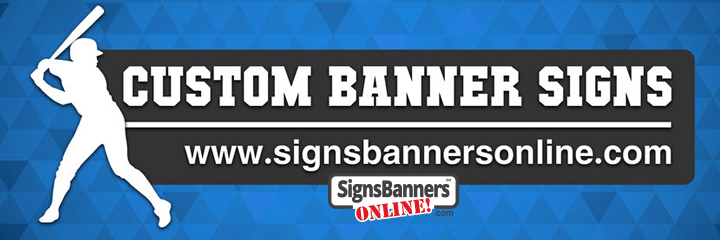 Custom Banner Signs. back is vibrant overlay blue with contrasting white on black panel.