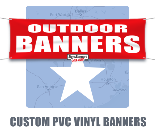 Custom vinyl pvc banners for TEXAS USA, Lone Star Motif on modern blue background with custom banner sign depiction for outdoor use. Texas design.