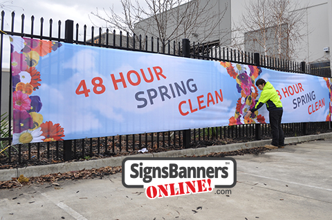 Banner Sign - 48 hr Spring Clean Sale with sky blue colors and flowers