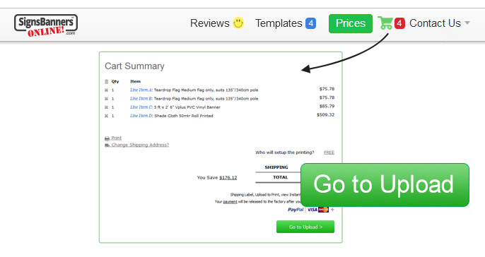 Cart summary page, then click Go to Upload button.